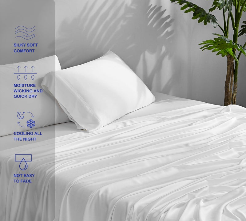 ACCURATEX Cooling Sheets Queen Size - Viscose Made from Bamboo, Luxury Cool Silky Sheet Set for Queen Size Bed, Super Soft Breathable Bedding Sheets up to 16 inches Deep Pockect,White - Image 3